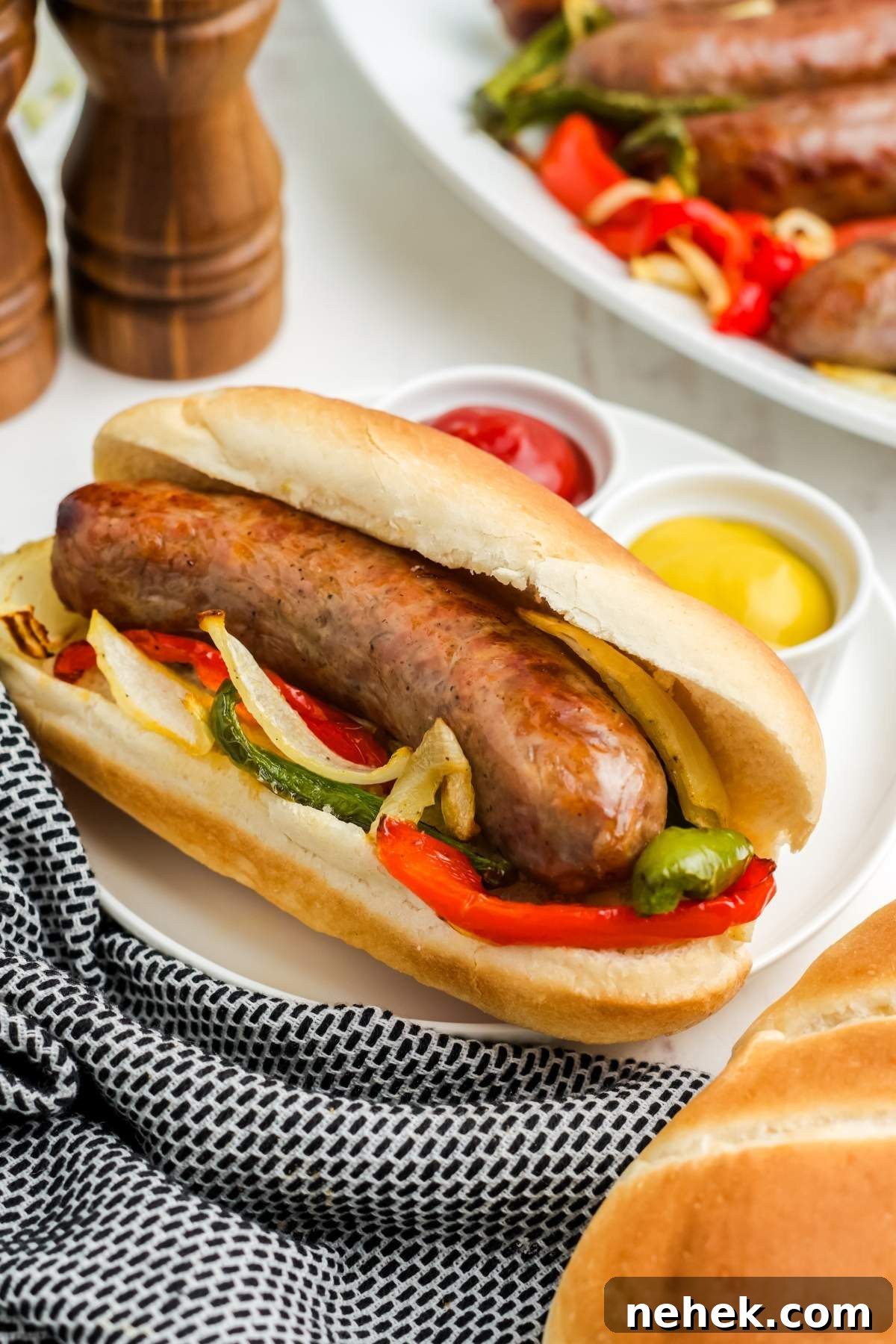 A grilled bratwurst sausage in a bun on a plate, ketchup and mustard in the background. A black and white checkered napkin is placed beside the plate.