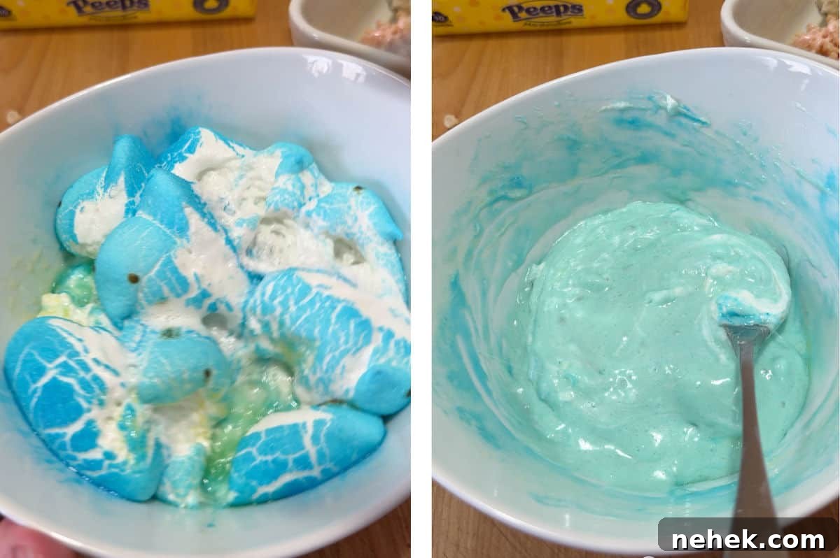 a bowl of blue peeps microwaved and then stirred with the butter until smooth.