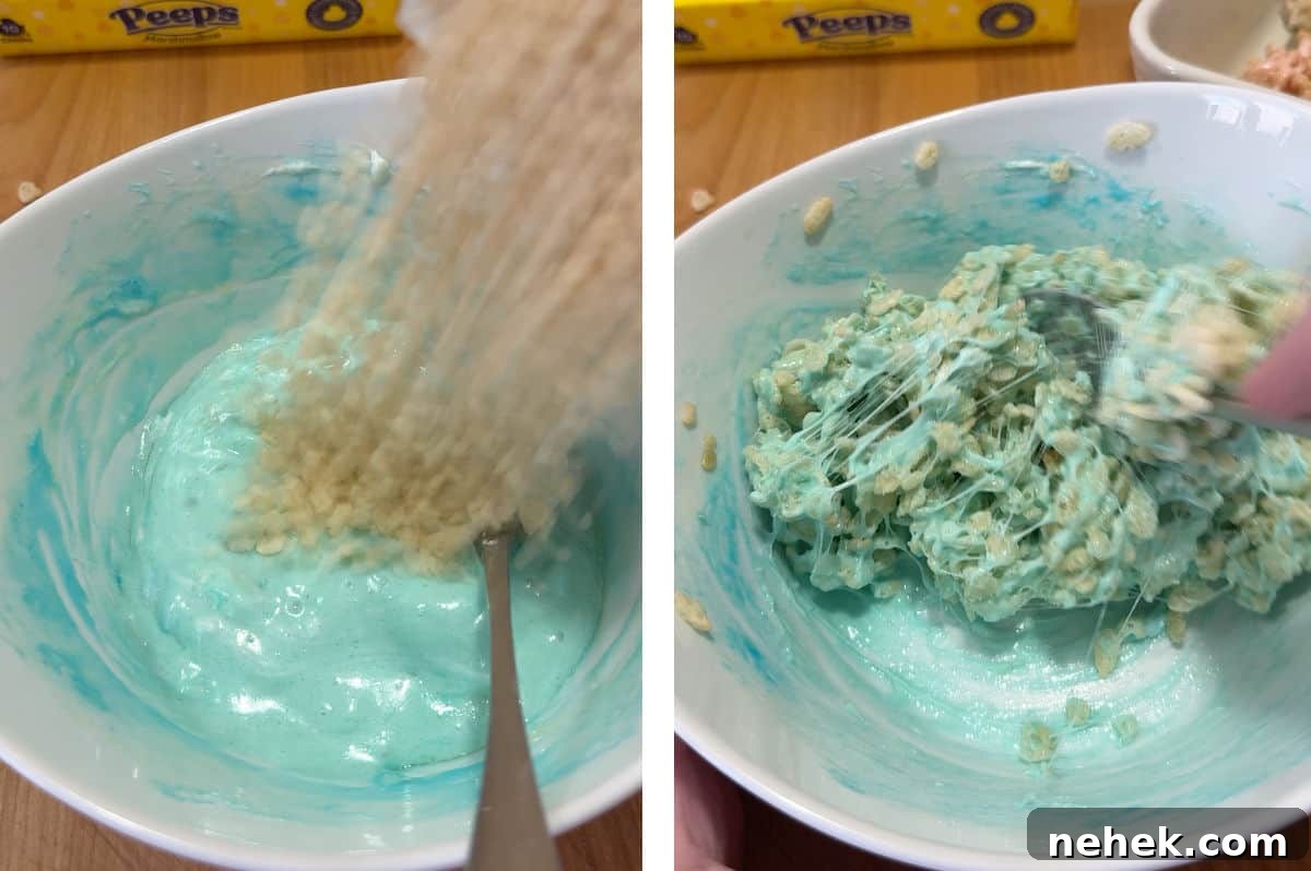 adding cereal to the marshmallow mixture.