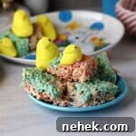 a small plate of Rice Krispie treats made with Peeps.
