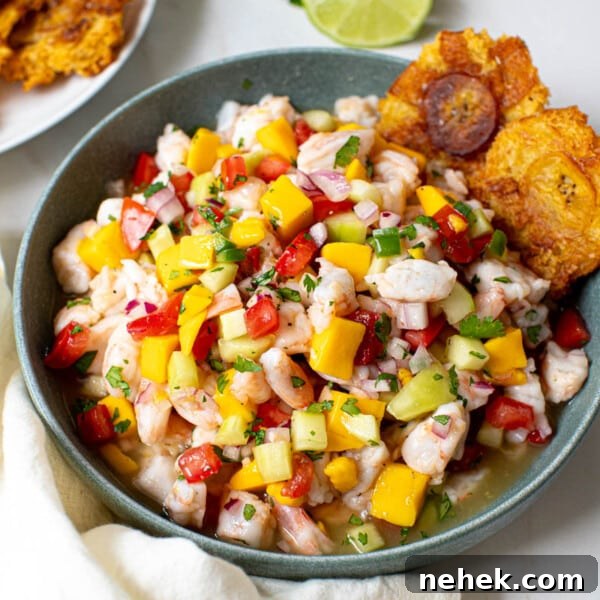 Mango ceviche in a bowl with two plantains on the side of the bowl.