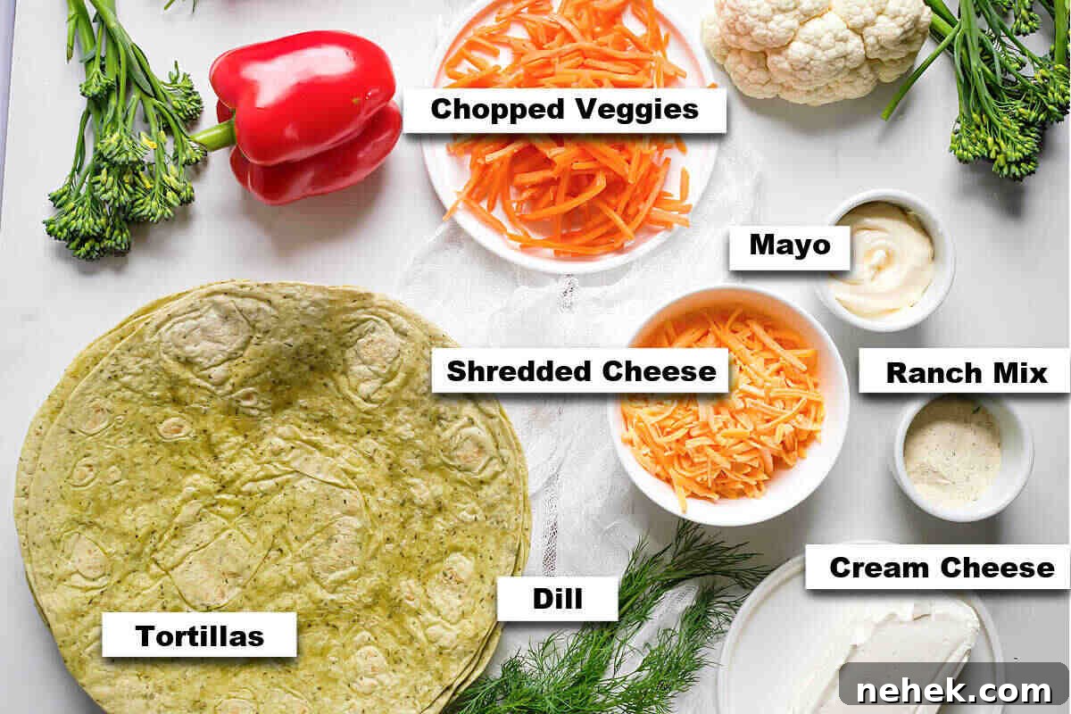 Crunchy Veggie Pinwheels with Cream Cheese and Herbs 3 the ingredients needed to make veggie pinwheels
