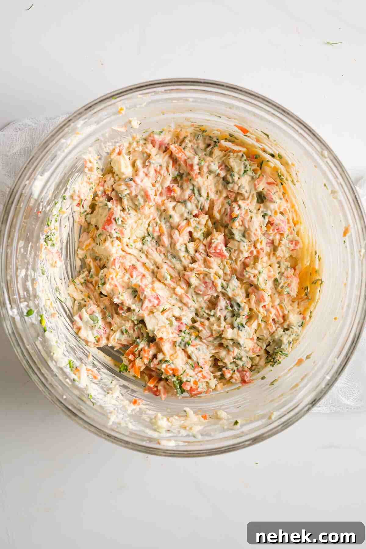 Crunchy Veggie Pinwheels with Cream Cheese and Herbs 6 the combined pinwheel filling mixture in a bowl