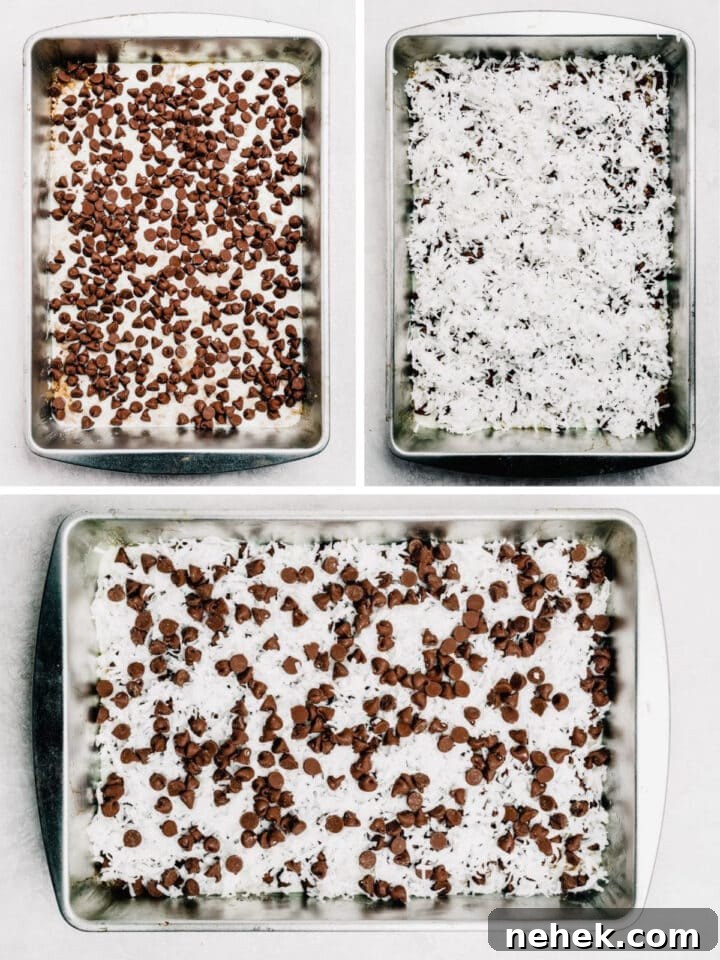photo collage demonstrating how to layer ingredients for magic cookie bars