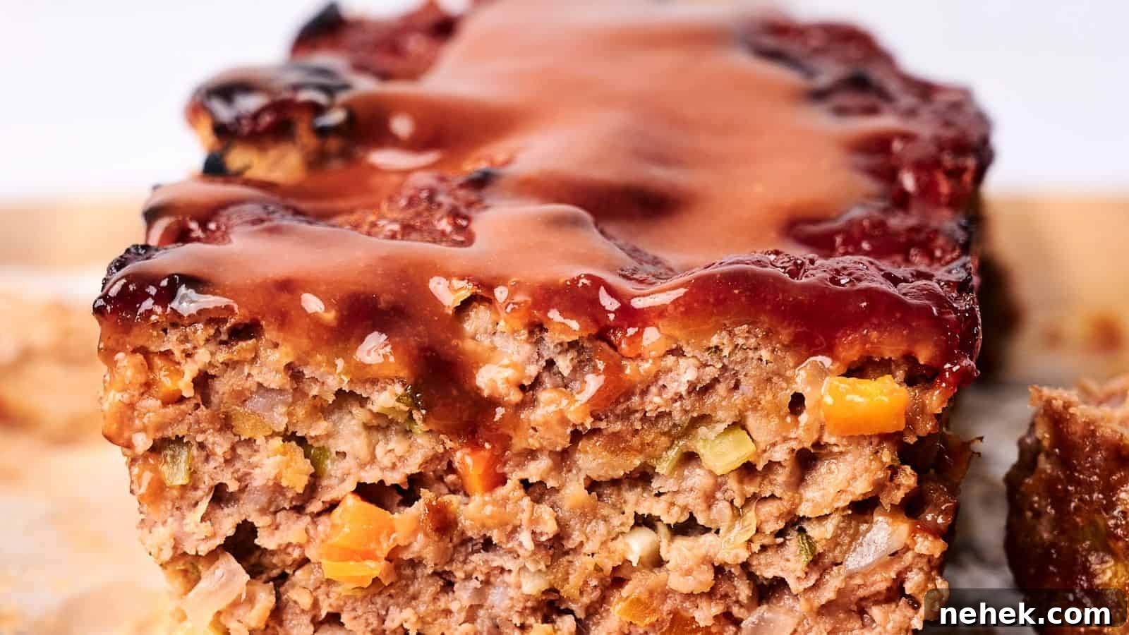 15 Delicious Easter Recipes to Make Your Celebration Shine 11 A close-up of a savory meatloaf slice topped with a glossy sauce. The hearty meatloaf reveals visible chunks of vegetables like carrots and celery.