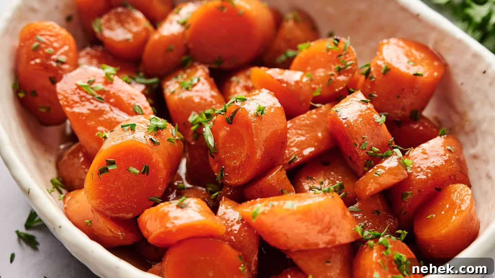 15 Delicious Easter Recipes to Make Your Celebration Shine 6 Close-up of a dish featuring glazed carrots garnished with chopped herbs, served in a white bowl.