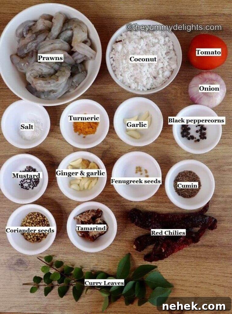 Mangalorean Prawn Sukka (Yetti Sukka) — Spicy Coastal Prawn Curry 3 individually labeled ingredients to make mangalorean prawn sukka laid out on a table.
