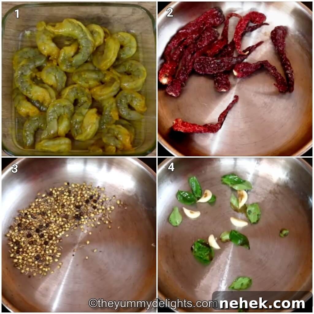 Mangalorean Prawn Sukka (Yetti Sukka) — Spicy Coastal Prawn Curry 4 Collage image of 4 steps showing how to make prawn sukka. It shows marinating the prawn, roasting red chilies and other ingredients.