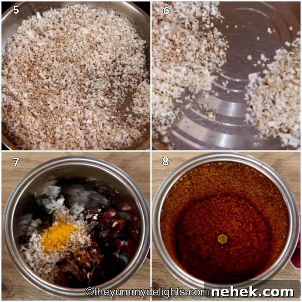 Mangalorean Prawn Sukka (Yetti Sukka) — Spicy Coastal Prawn Curry 5 Collage image of 4 steps showing roasting the coconut and grinding all the roasted ingredients to make sukka masala.