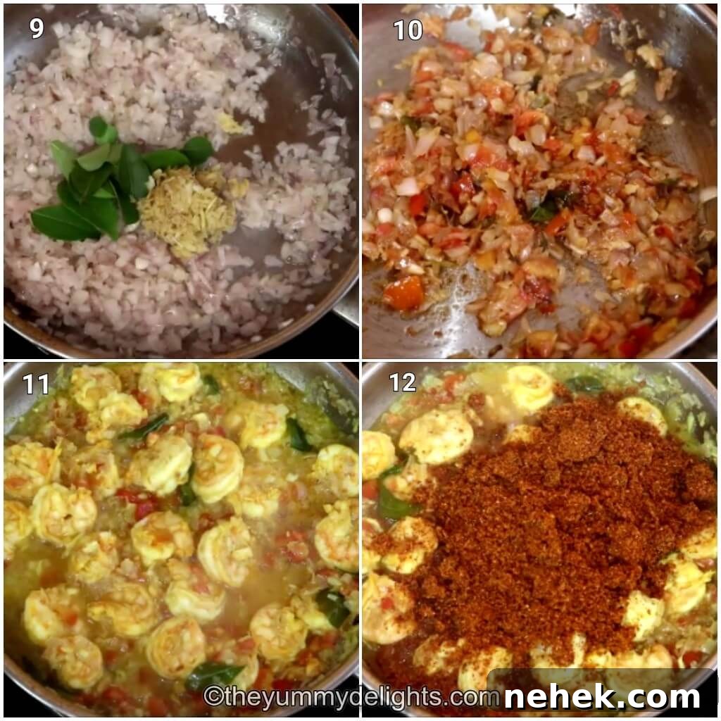 Mangalorean Prawn Sukka (Yetti Sukka) — Spicy Coastal Prawn Curry 6 Collage image of 4 steps showing sauteing onion, ginger, garlic, curry leaves and tomatoes. Cooking the prawns and addition of sukka masala.