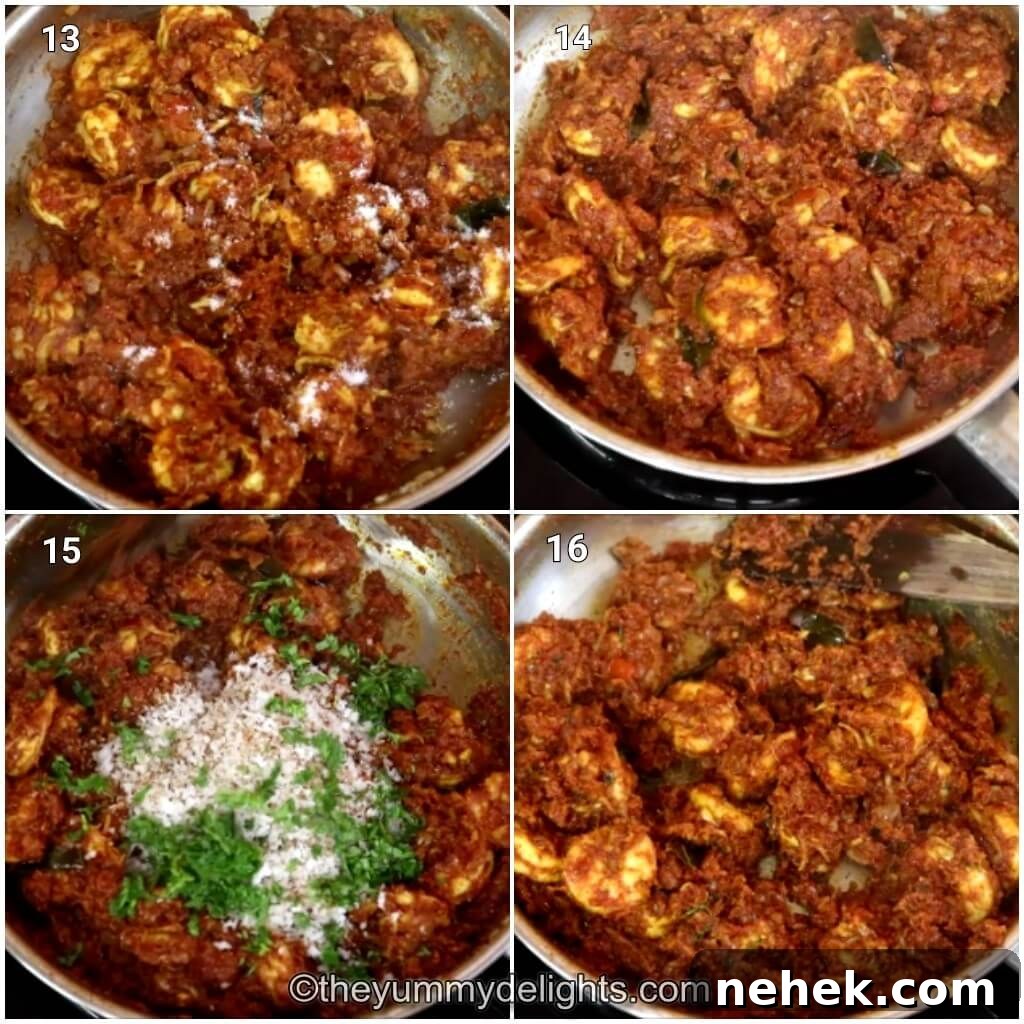 Mangalorean Prawn Sukka (Yetti Sukka) — Spicy Coastal Prawn Curry 7 Collage image of 4 steps showing how to make mangalorean prawn sukka. It shows cooking the prawn with sukka masala, addition of coconut and coriander leaves.