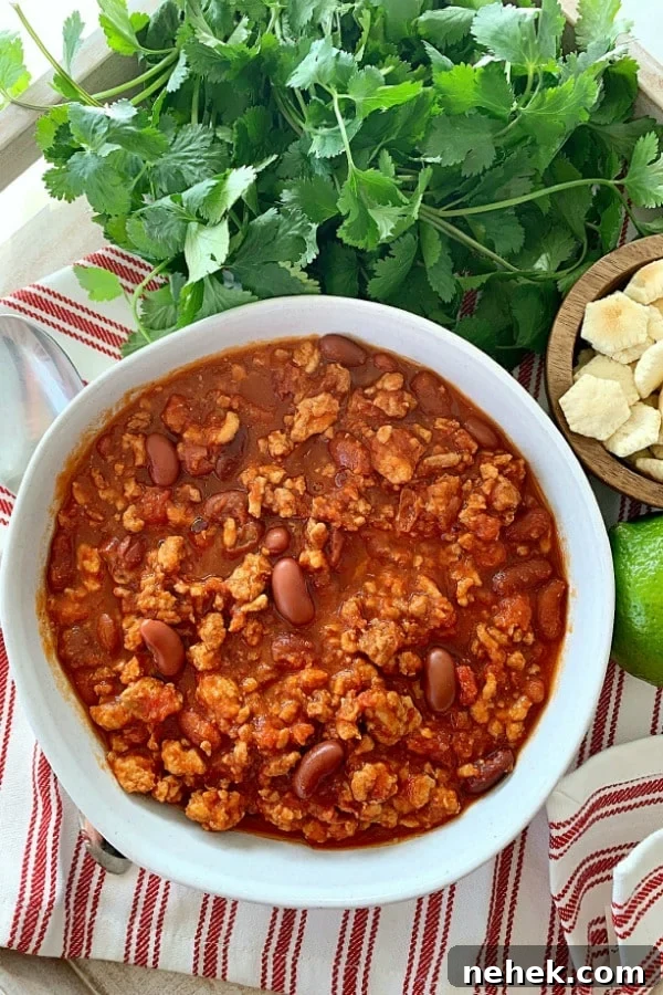 Slow-Cooker Turkey Chili Recipe: Hearty, Flavorful Meal 3 crockpot turkey chili in a bowl - overhead view