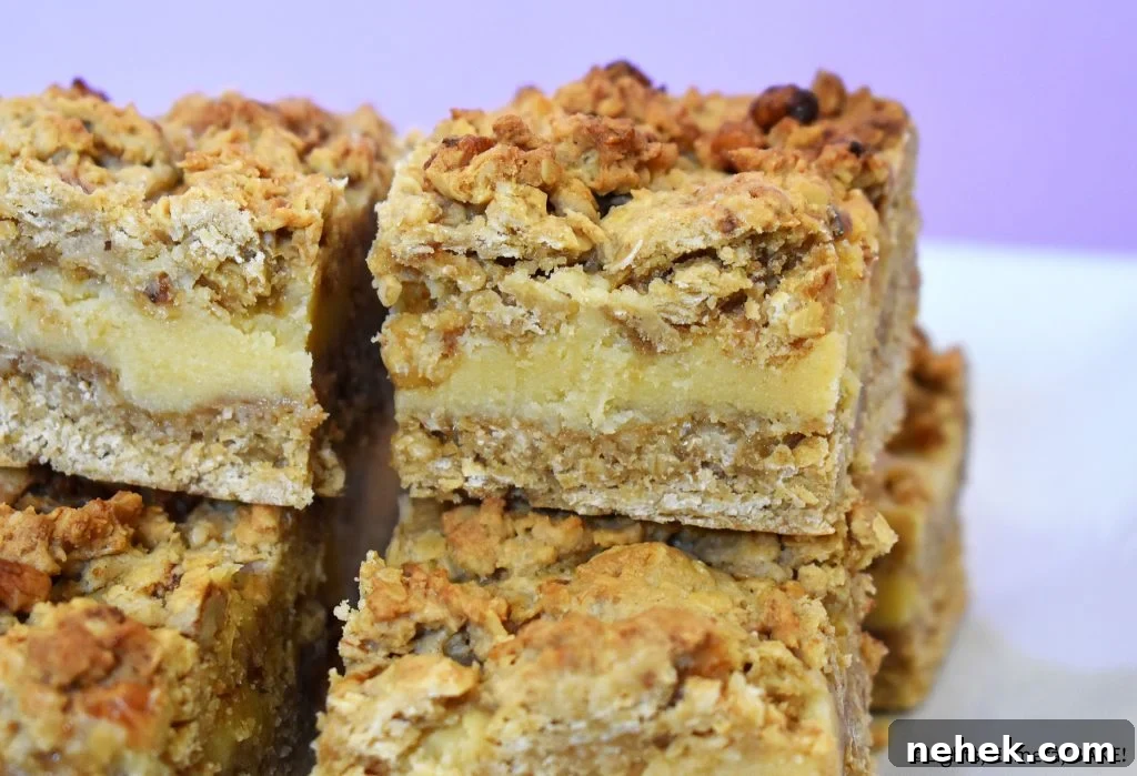 Candied walnut oat slice on a purple background.