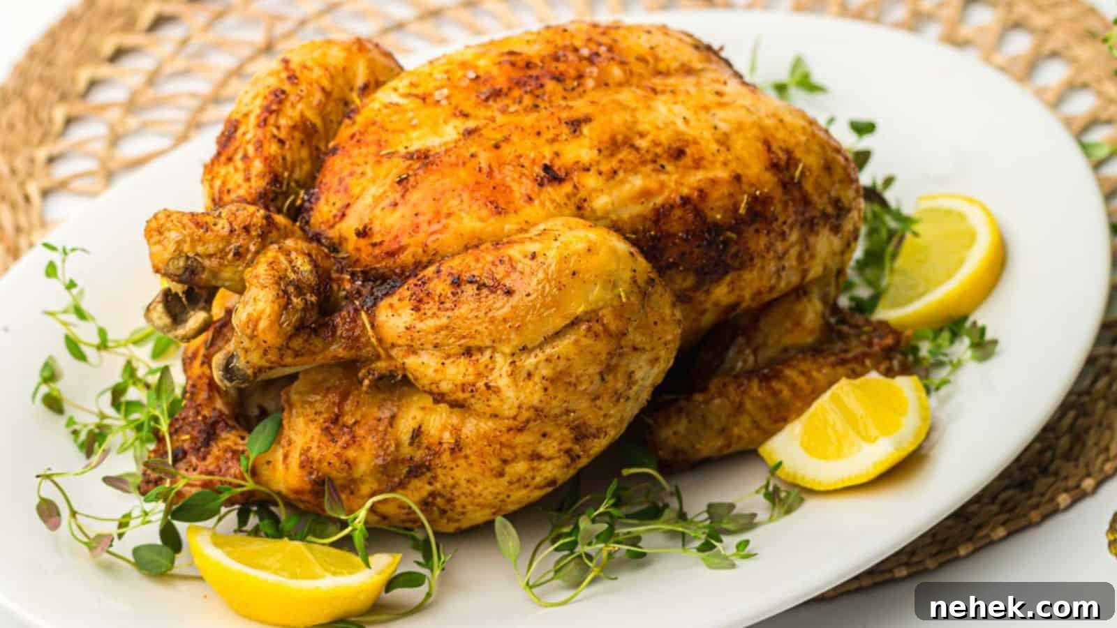 Roasted air fryer whole chicken served on a white plate with lemon wedges.