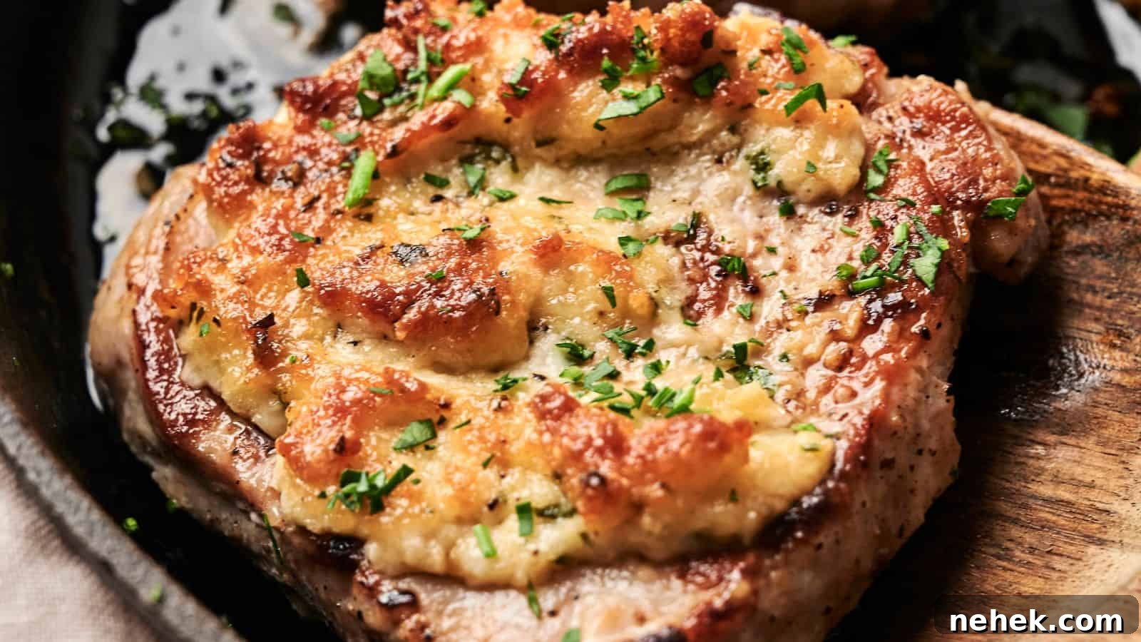 Close-up of a cooked, seasoned pork chop topped with melted cheese and garnished with chopped parsley on a dark plate.