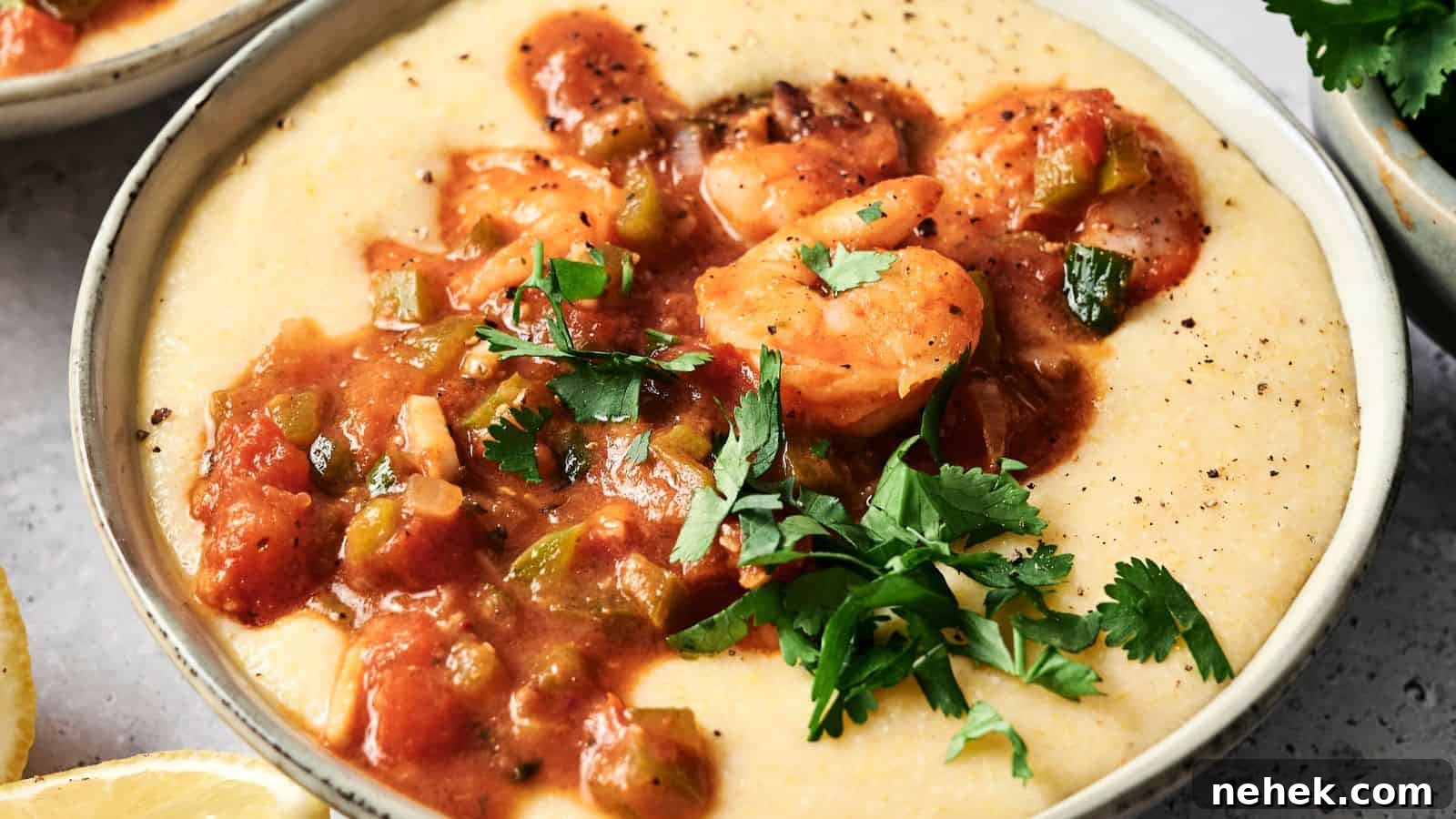 A bowl of creamy grits topped with shrimp in a tomato-based sauce and garnished with fresh parsley.