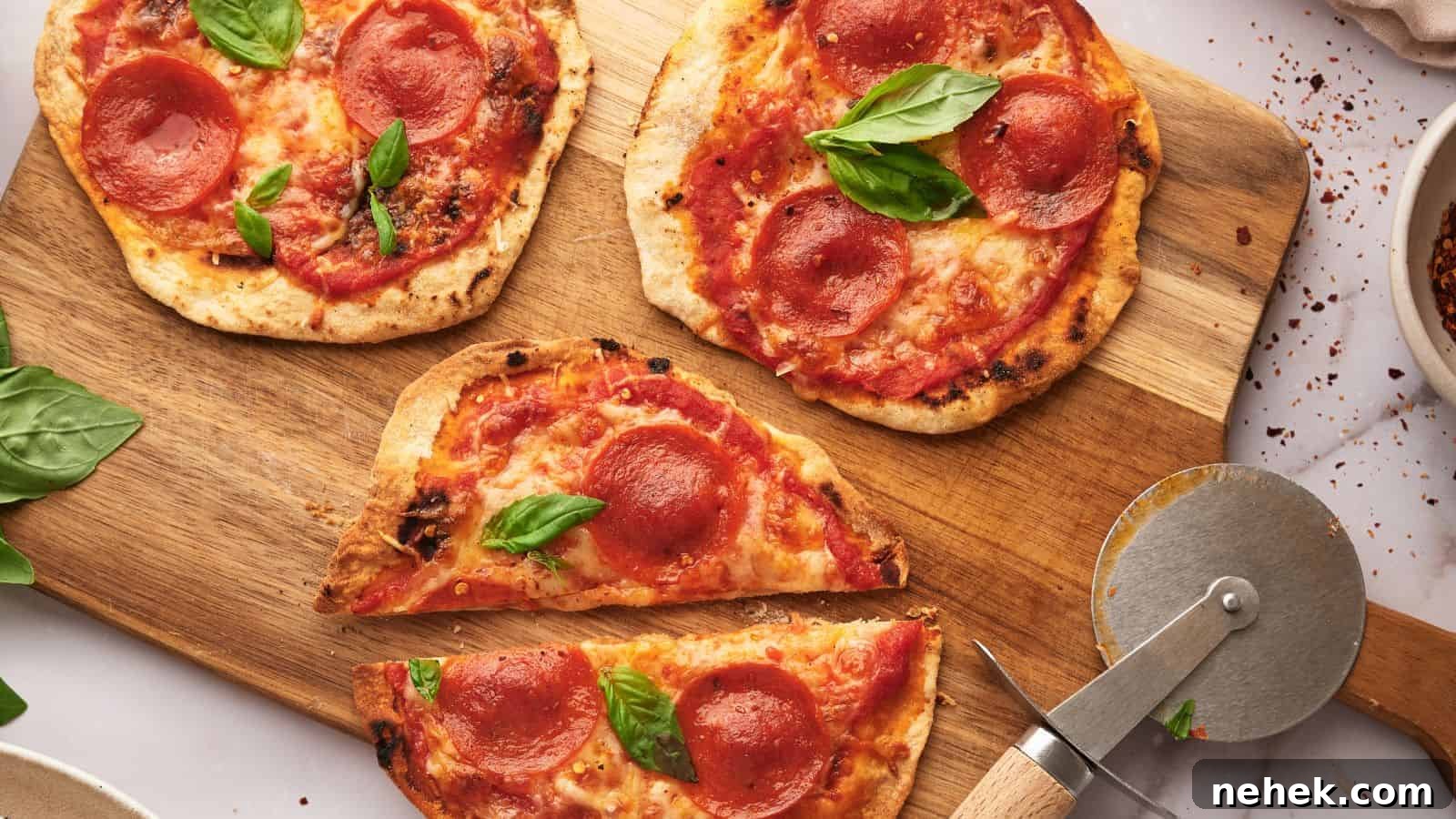 Four tortilla pizzas on a wooden cutting board.