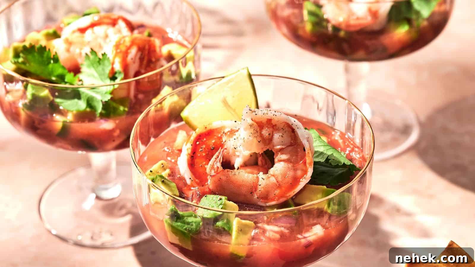 Three glasses of shrimp cocktail with avocado, lime wedge, and cilantro garnish in a tomato-based sauce, placed on a light-colored surface.