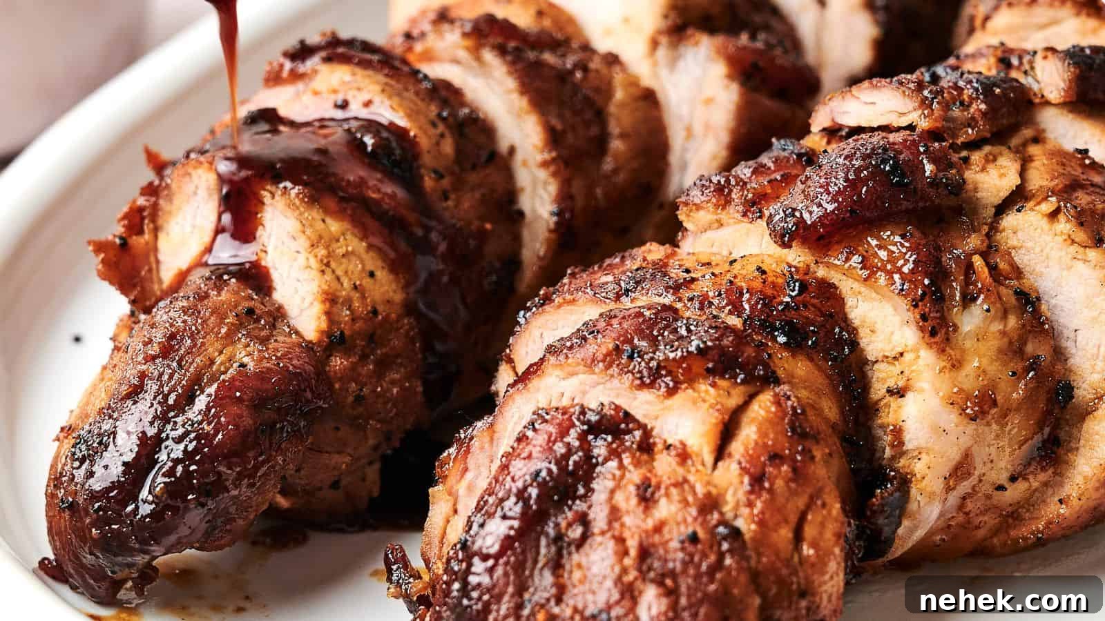 Close-up of roasted pork tenderloin on a white plate, topped with a drizzle of dark sauce. The meat is seasoned with visible spices and has a textured, caramelized surface.