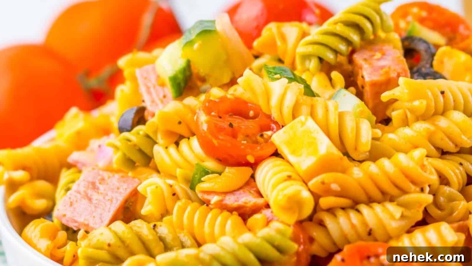 A vibrant pasta salad with fusilli, cherry tomatoes, bell peppers, black olives, and diced salami in a clear bowl.