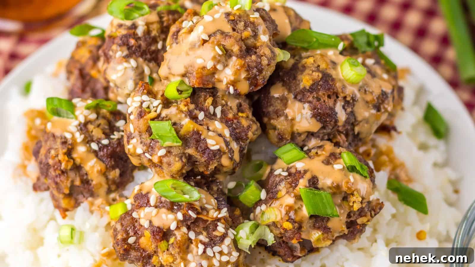 A plate of meatballs topped with sauce, sesame seeds, and chopped green onions on a bed of white rice.