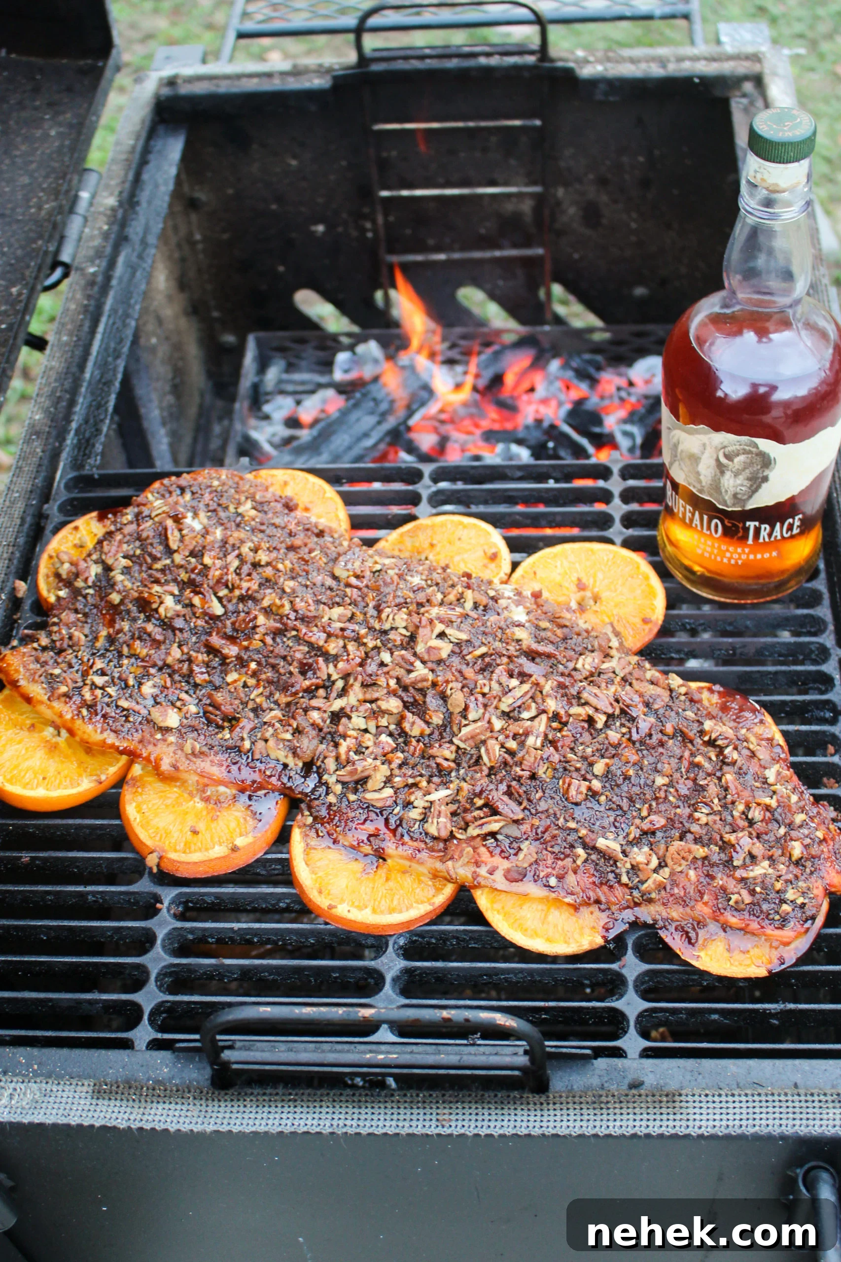 Bourbon Bacon Pecan Salmon sitting on the smoker ready to devour.