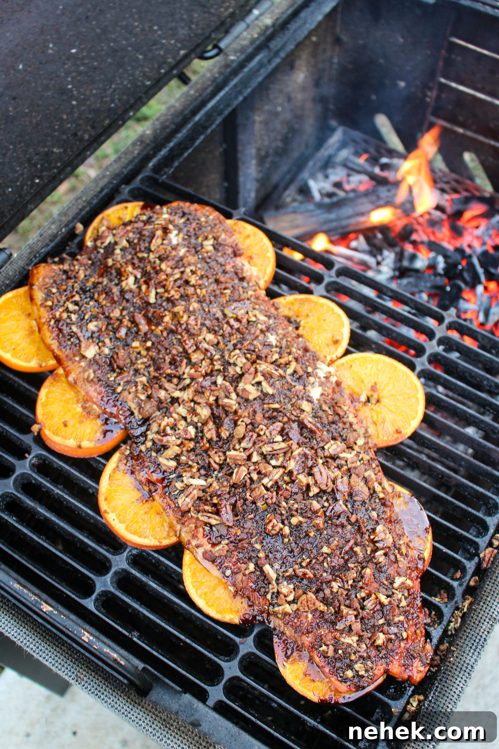 Bourbon Bacon Pecan Salmon starting to cook.