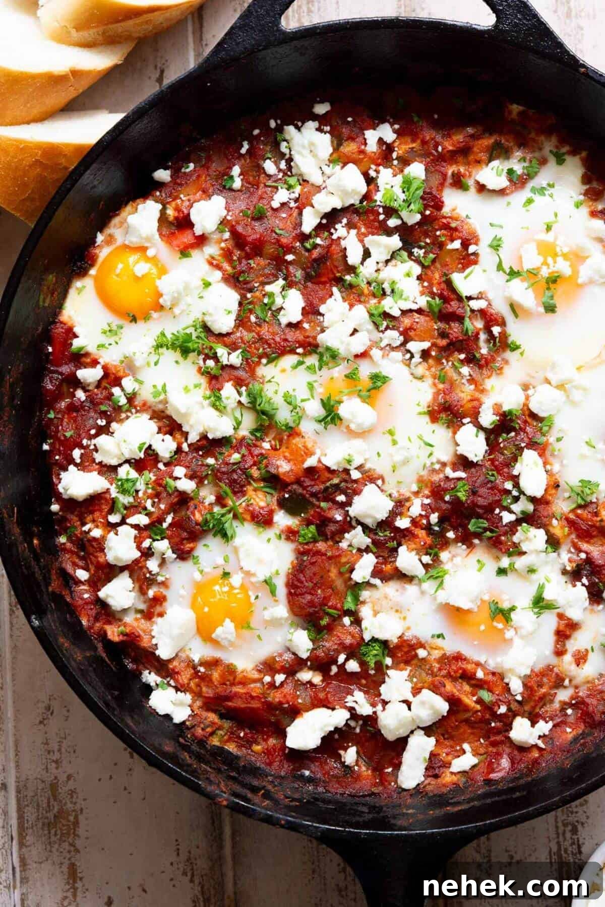 Healthy shakshuka with poached eggs, tomato sauce, and feta cheese served in a cast iron pan