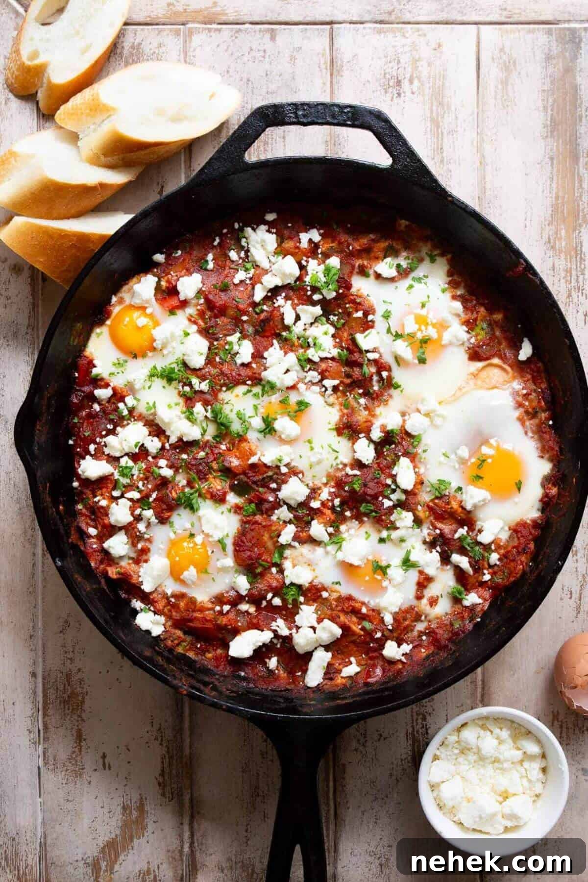 One-pan shakshuka with soft eggs and feta cheese, ready to serve