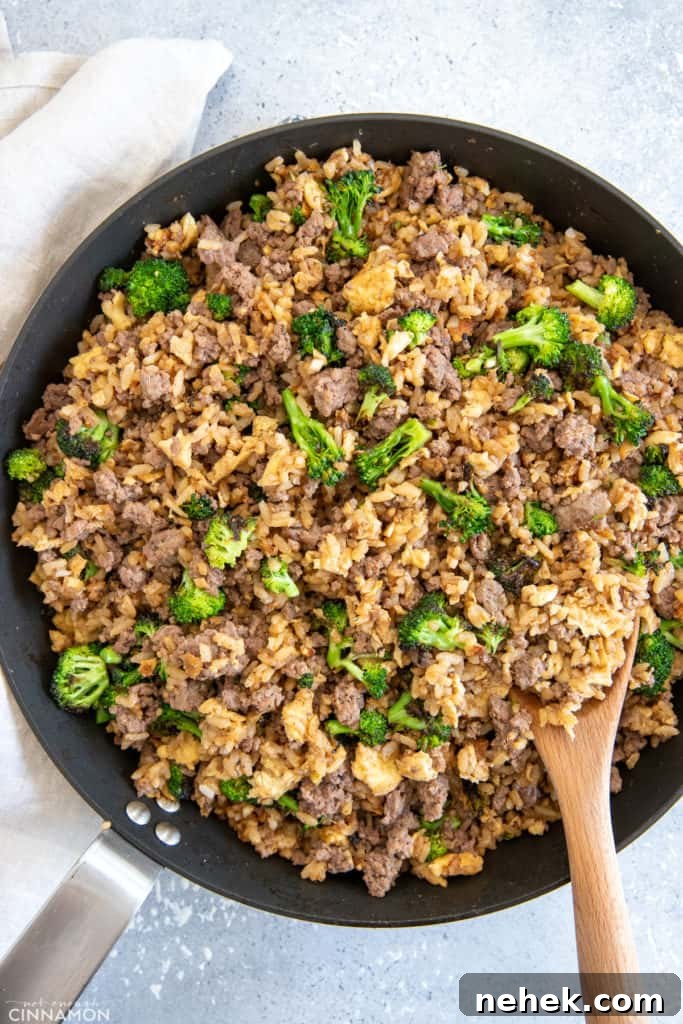 Ground Beef and Broccoli Fried Rice Recipe for Weeknight Dinner 4 Overhead shot of a skillet with beef and broccoli fried rice