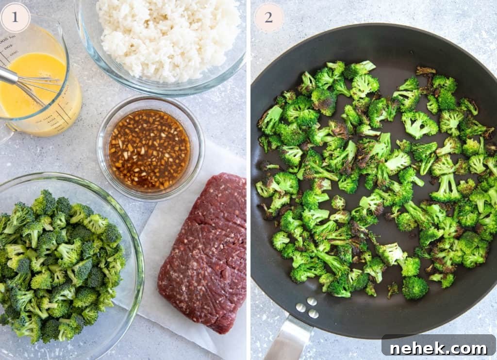 Ground Beef and Broccoli Fried Rice Recipe for Weeknight Dinner 5 picture collage demonstrating how to pan-fry broccoli florets until charred