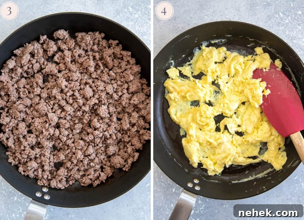 Ground Beef and Broccoli Fried Rice Recipe for Weeknight Dinner 6 picture collage demonstrating how to pan-fry ground beef and eggs separately to make fried rice recipe