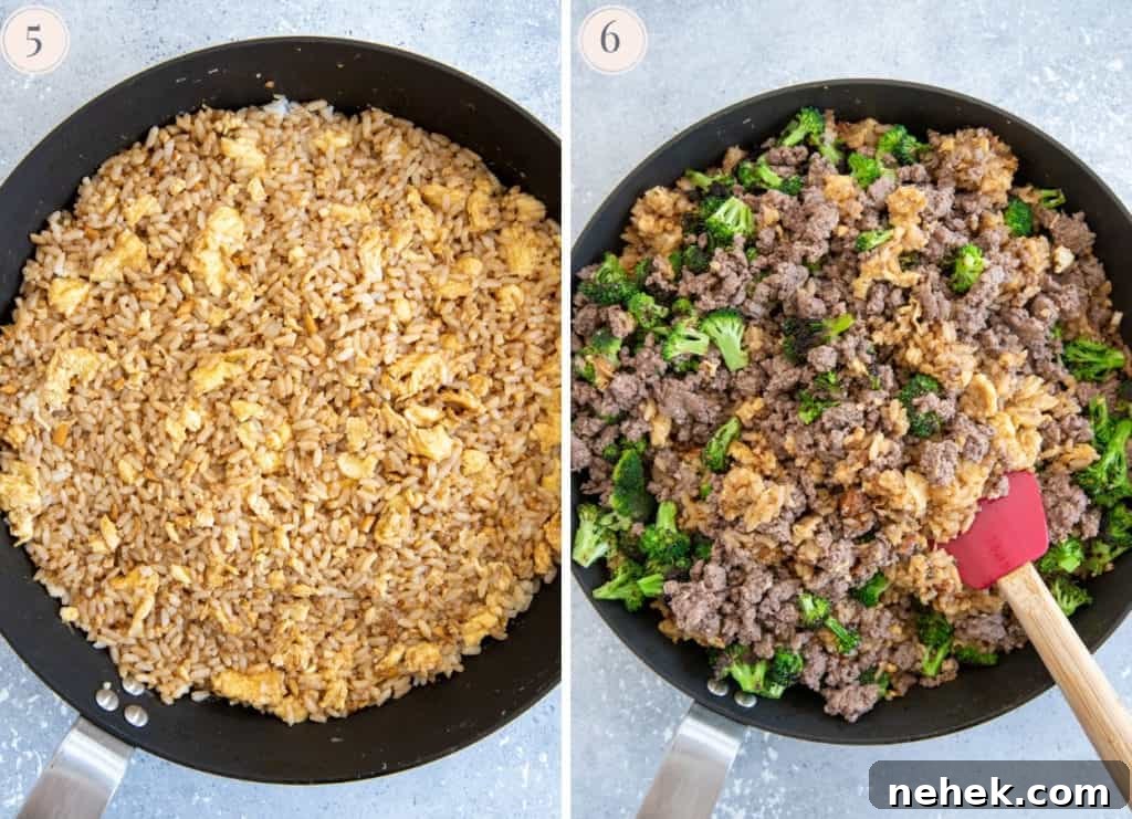 Ground Beef and Broccoli Fried Rice Recipe for Weeknight Dinner 7 picture collage demonstrating in which order to add the ingredients to the skillet for making Beef and Broccoli Fried Rice