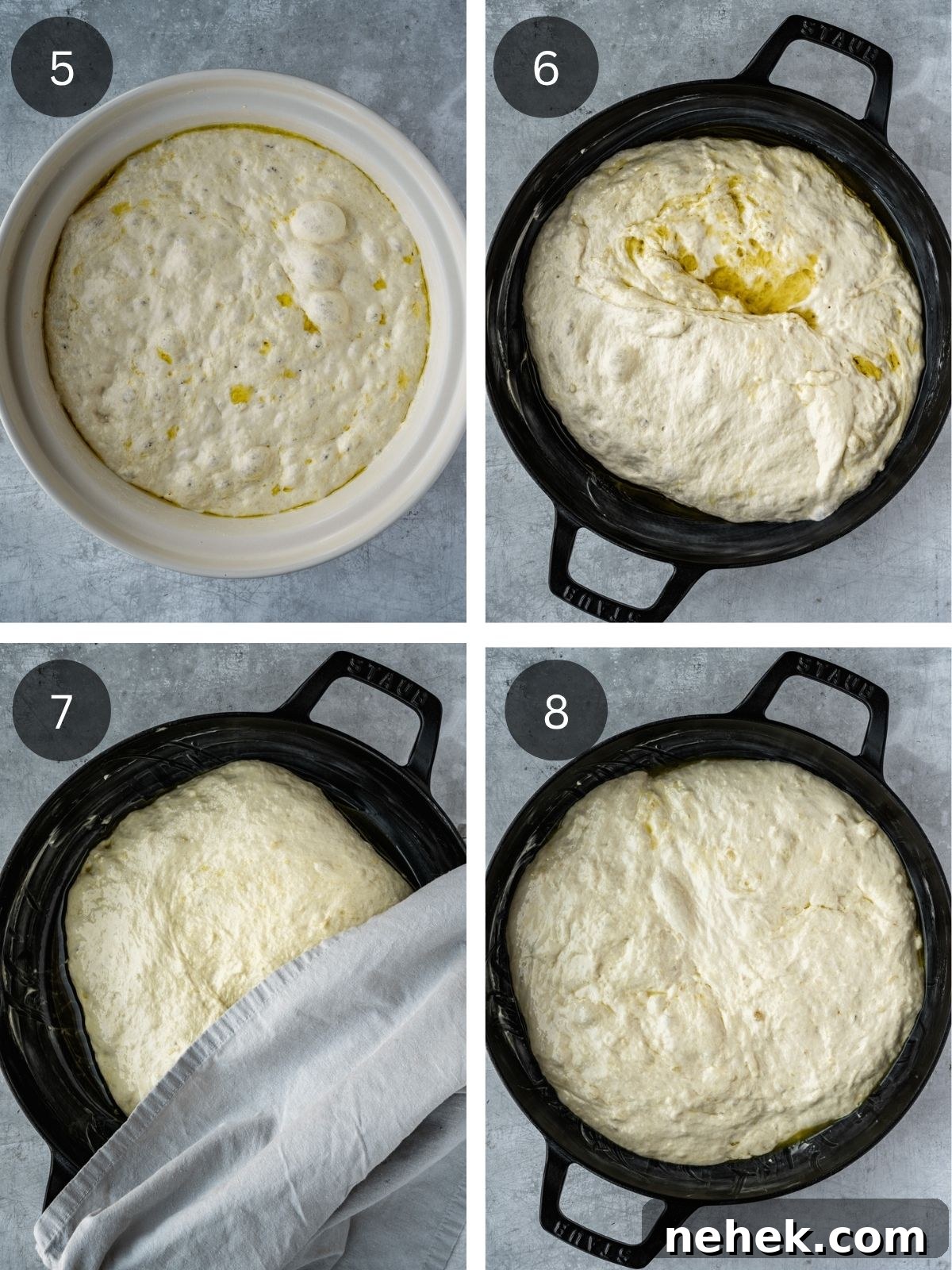 Recipe steps showing the risen dough, how it gets placed and formed in the round baking tray.