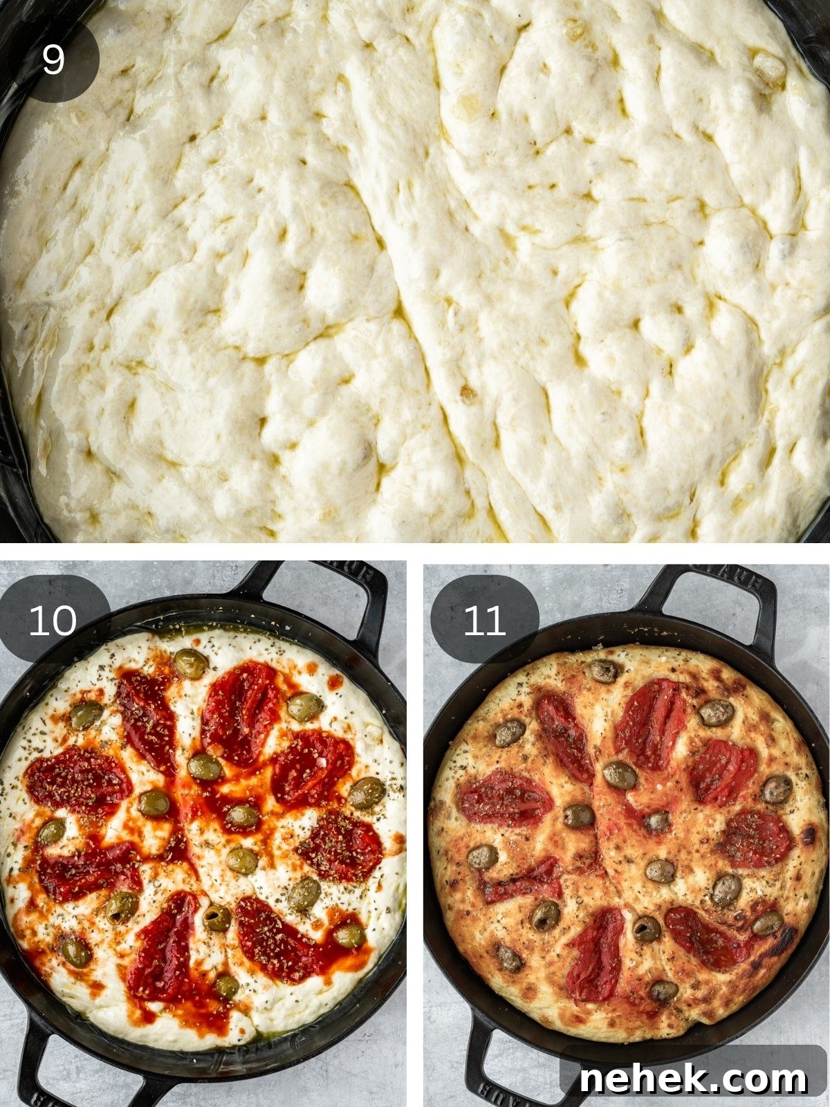 Focaccia Barese recipe steps showing the dimpling of the dough, the garnishing with tomatoes, olives, and oregano as well as the final bake out of the oven.