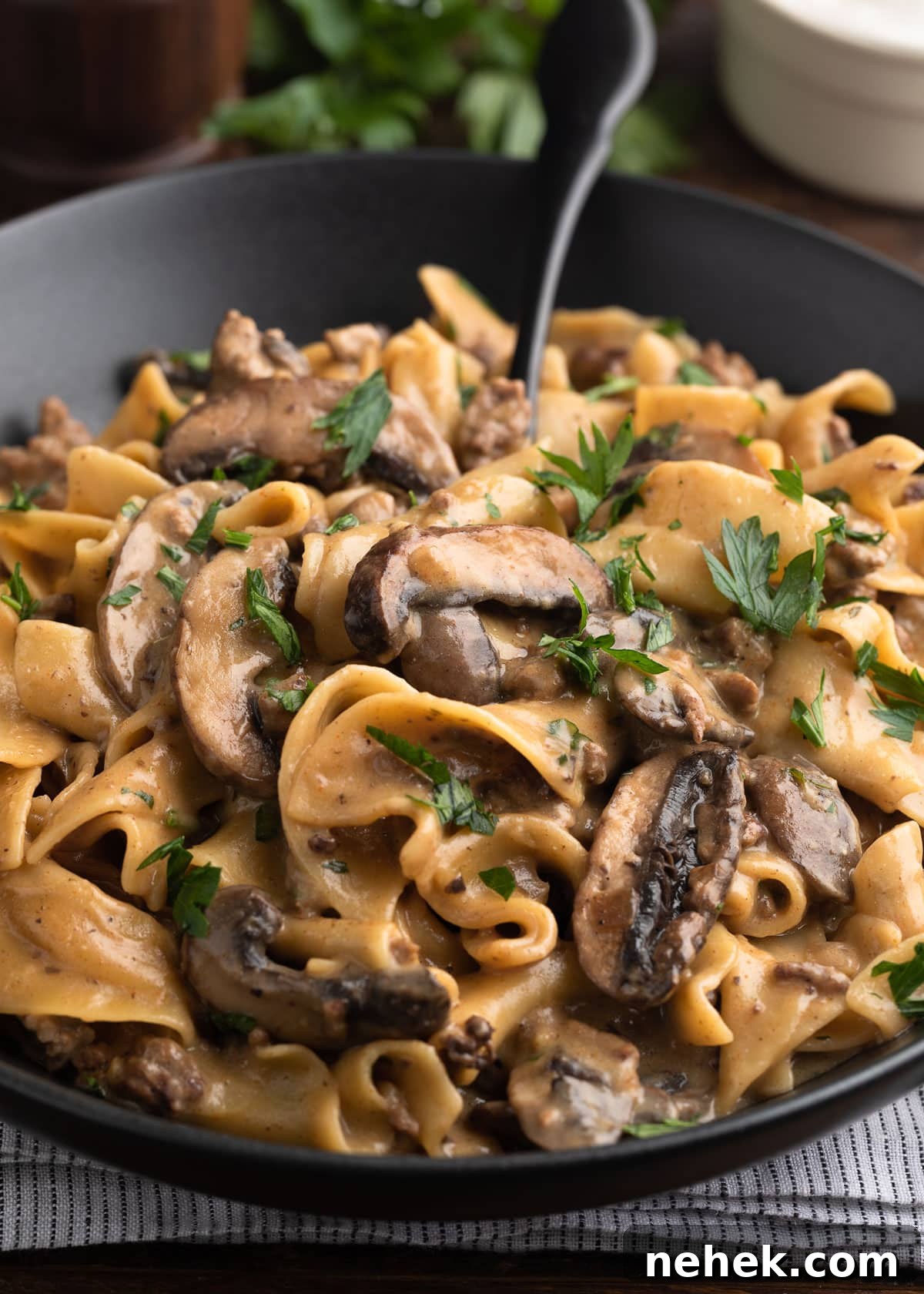 Close-up of a black bowl filled with creamy ground beef stroganoff, featuring wide egg noodles, sautéed mushrooms, and fresh parsley garnish.