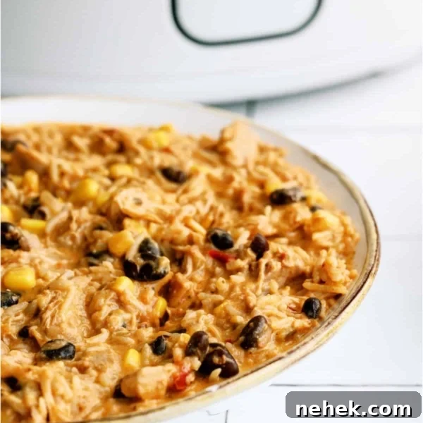 A bowl of Slow Cooker Southwest Chicken and Rice in front of a slow cooker
