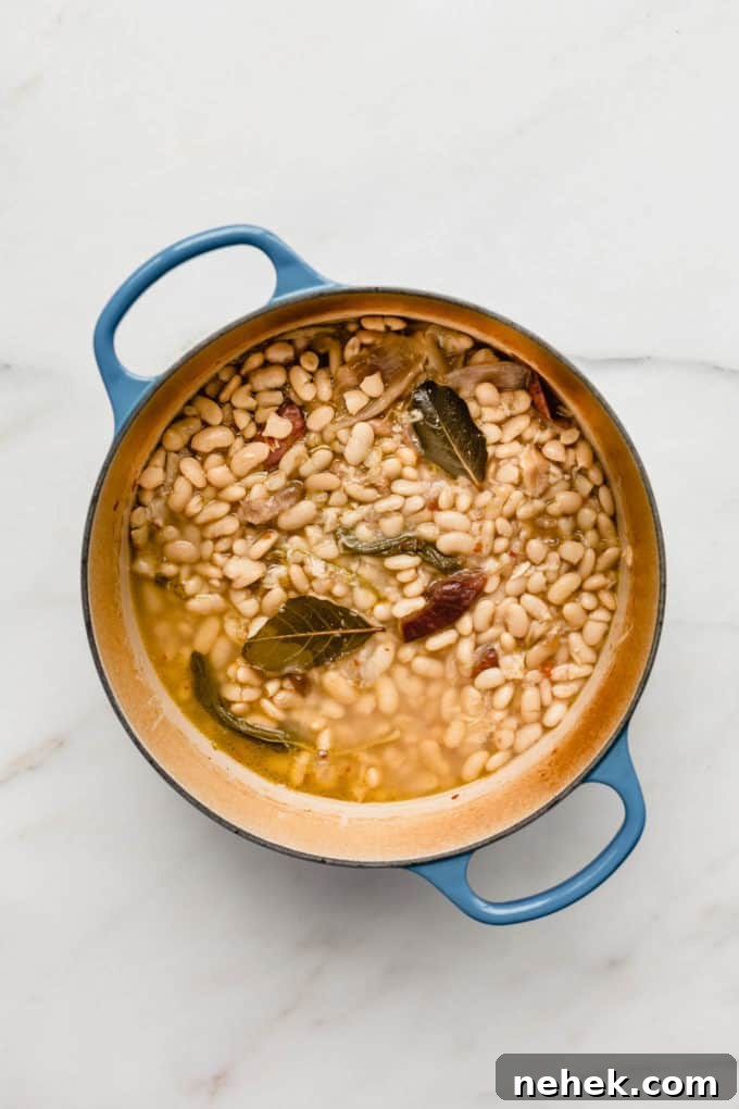 A blue pot filled with beans in broth
