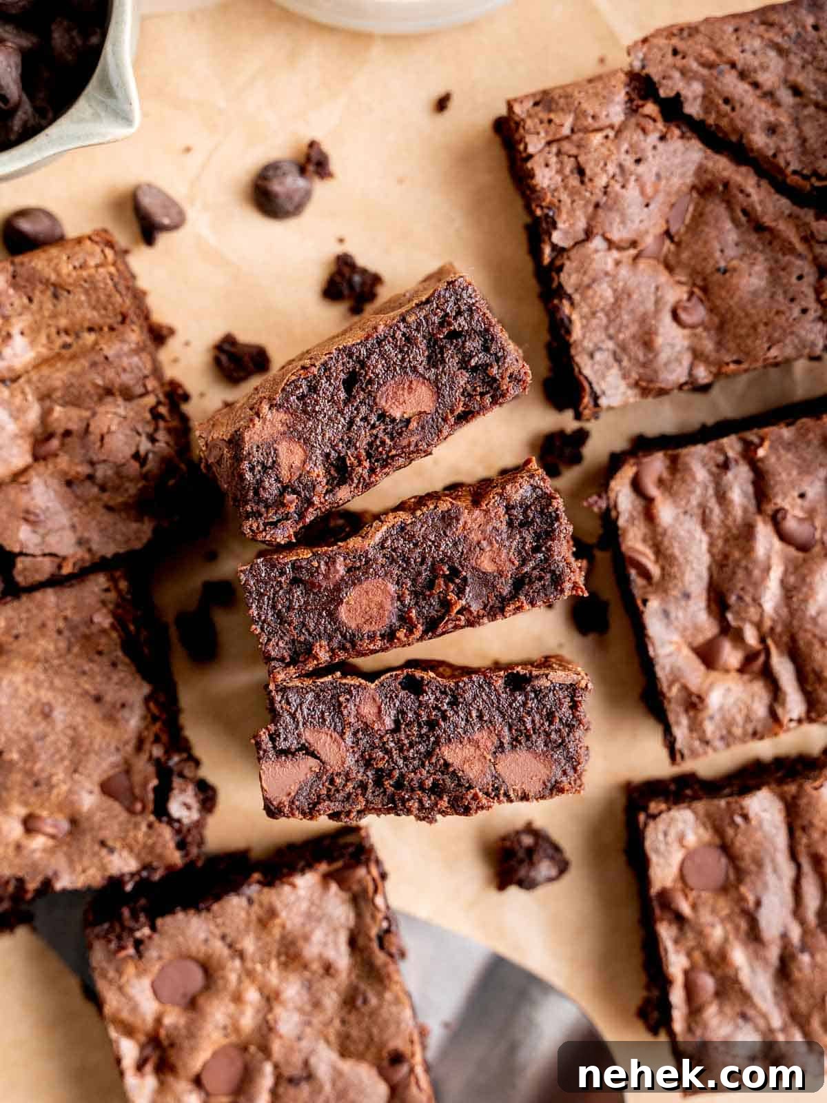Fudgy Sourdough Discard Brownies You’ll Crave 2 Top view of fudgy sourdough discard brownies with chocolate chips.