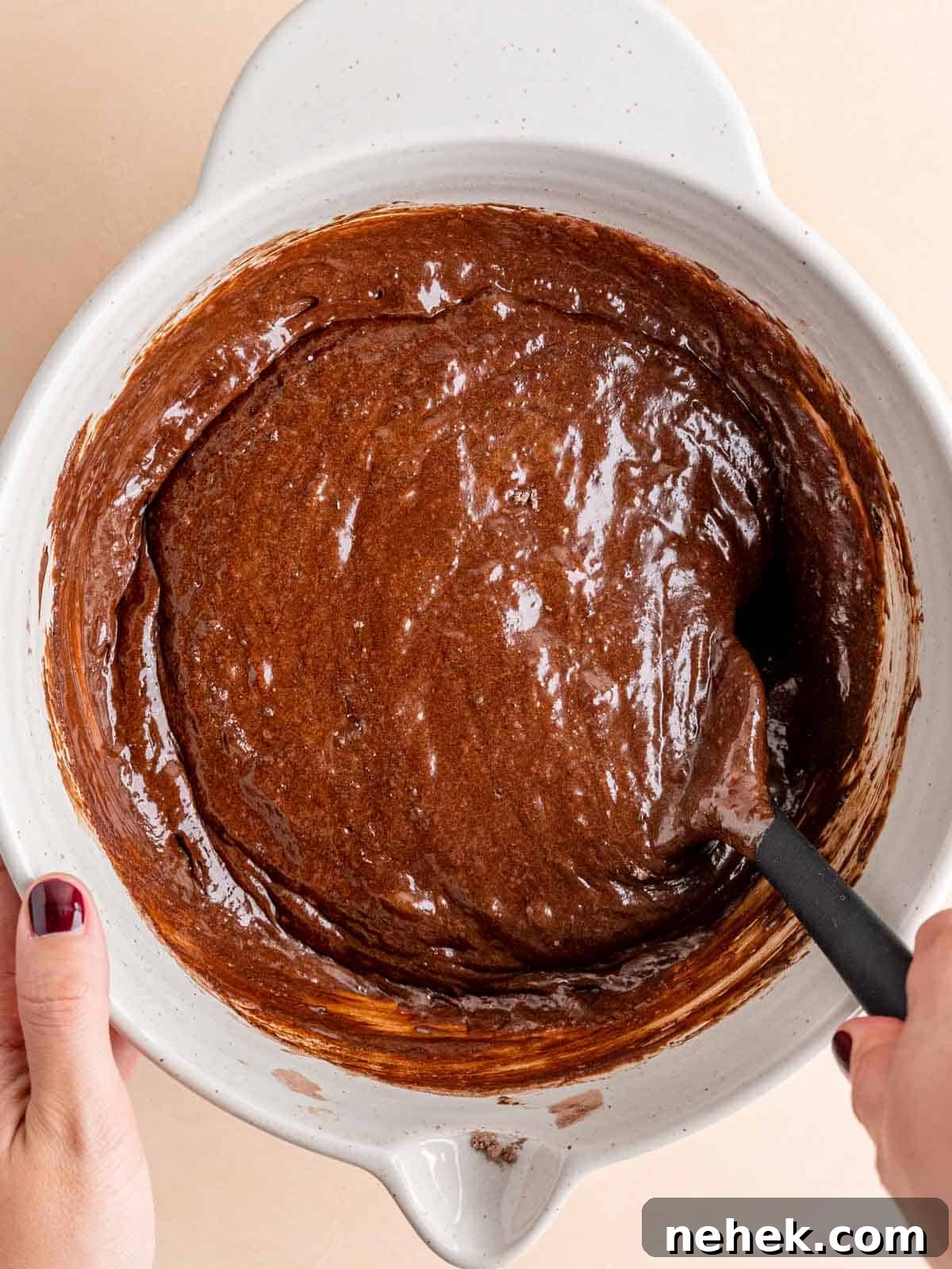 Fudgy Sourdough Discard Brownies You’ll Crave 8 Folding sourdough brownie batter in a bowl with a spatula.