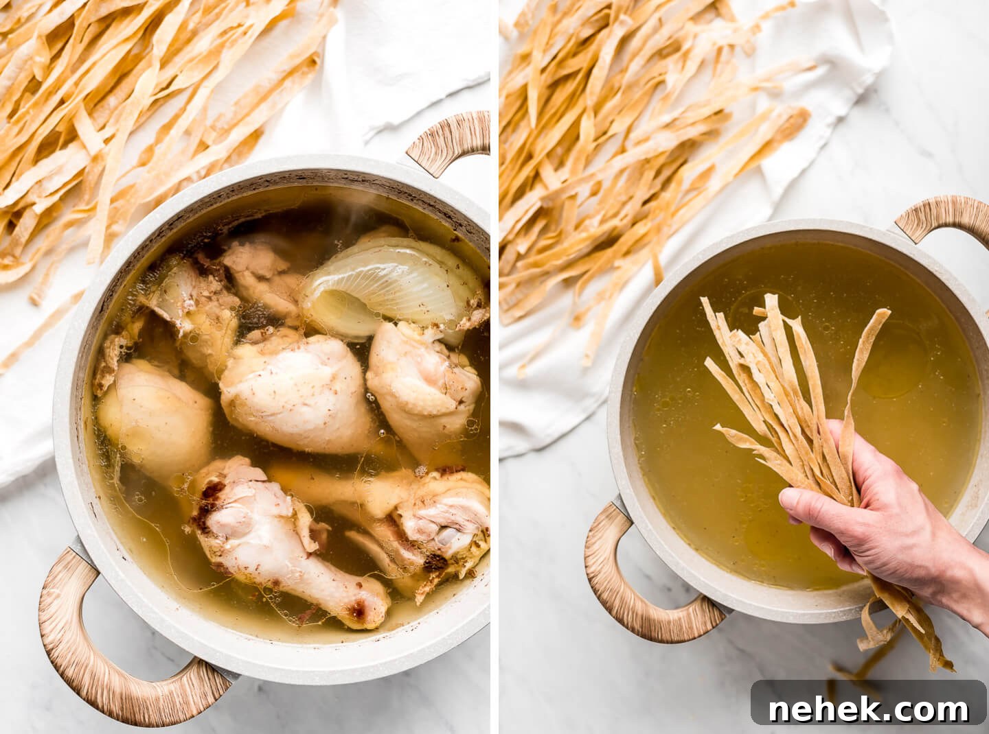Creamy Chicken and Noodles Served Over Garlic Mashed Potatoes 7 A pot of bone-in skin-on chicken cooked in broth and a pot of chicken broth with a hand holding dried egg noodles to drop in.