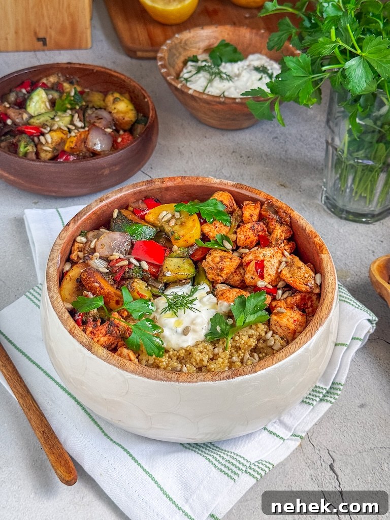 This Spring Harvest Quinoa Bowl checks every box. The fluffy quinoa creates a nourishing base, lemon-herb chicken adds protein, fire-roasted vegetables bring deep flavor, and the tzatziki feta adds a creamy, tangy finish. 