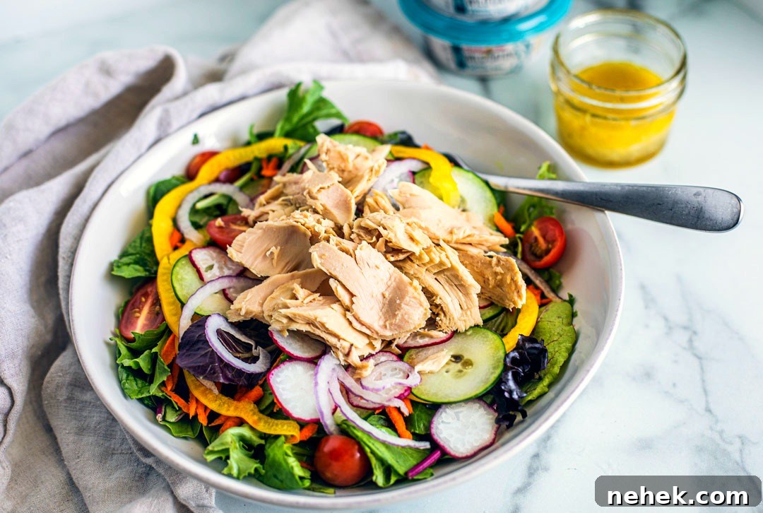 Side shot of Seasonal Garden Salad with Tuna.