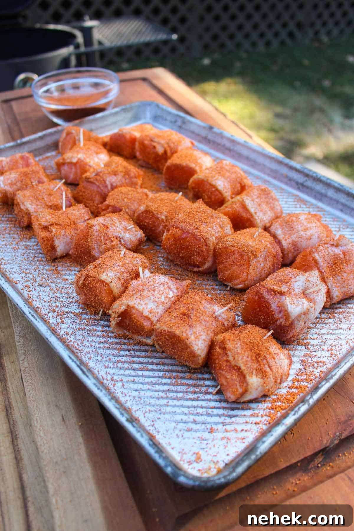 Crispy Bacon-Wrapped Salmon Bites with Maple Glaze 6 Seasoned salmon wrapped in bacon