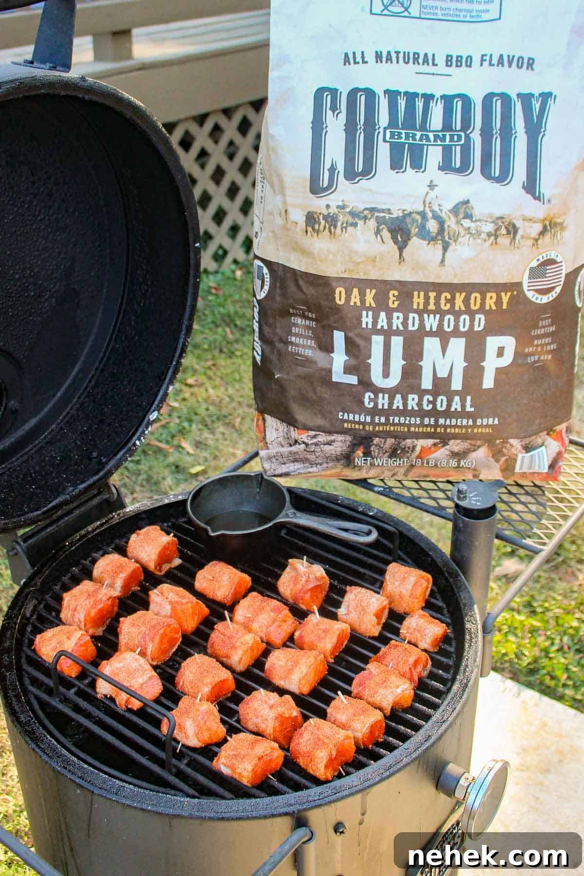 Crispy Bacon-Wrapped Salmon Bites with Maple Glaze 8 Smoking with charcoal