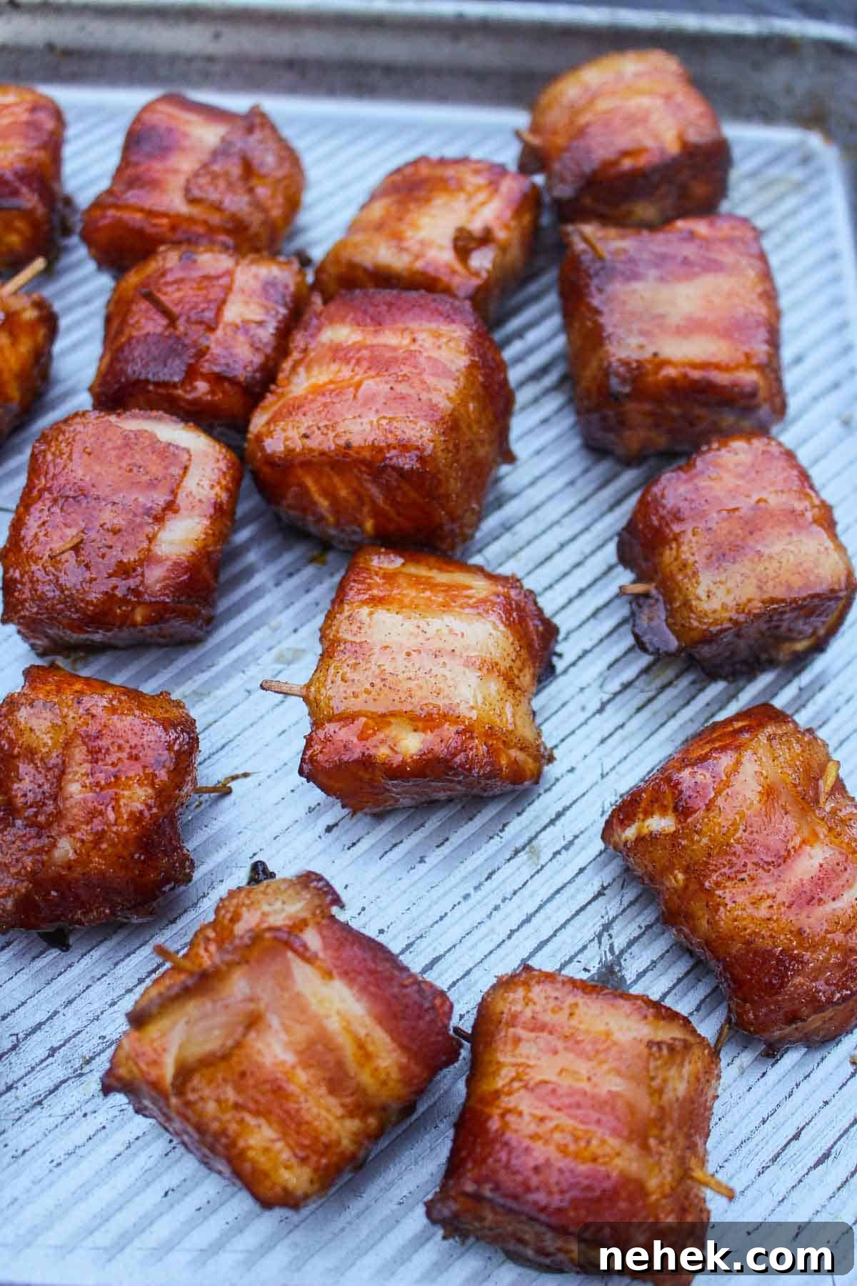 Crispy Bacon-Wrapped Salmon Bites with Maple Glaze 10 Salmon Bites ready for glaze