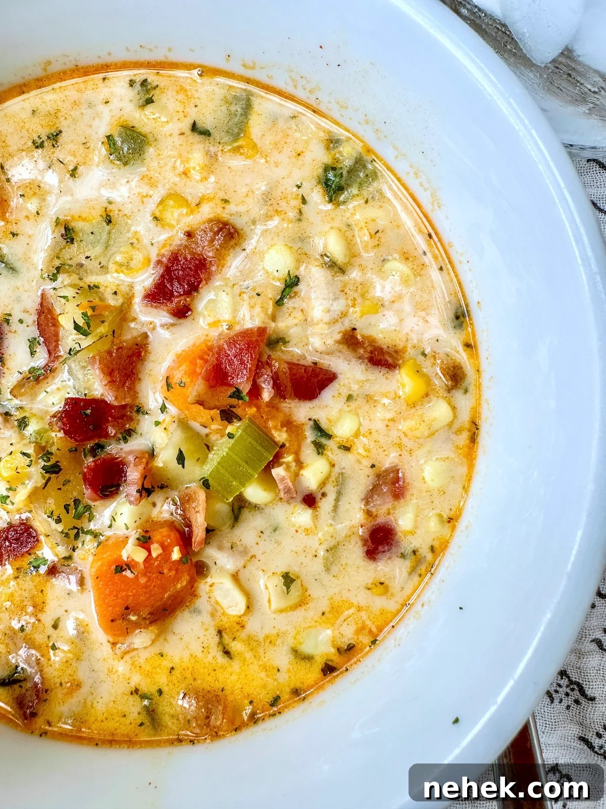 Creamy Corn and Potato Soup Recipe — Comforting Weeknight Soup 11 Corn soup with cream sauce and sweet potatoes in a soup bowl.