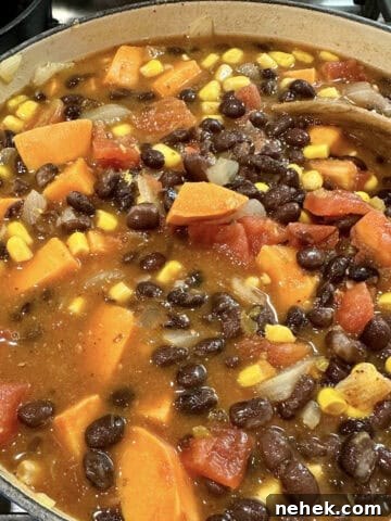 A pot on the stove full of black bean soup with a spoon.
