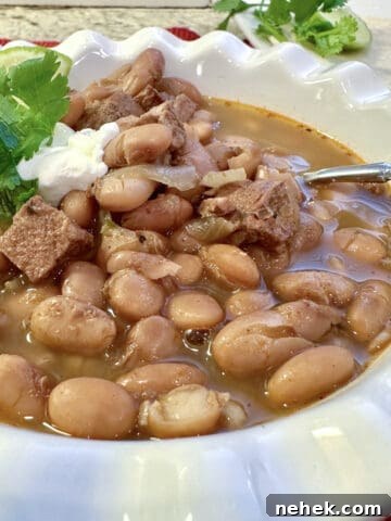 A bowl of pinto bean chili with sour cream, cilantro and a spoon.