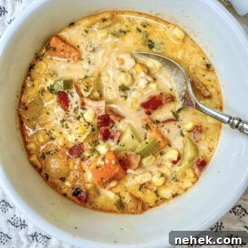 Creamy Corn and Potato Soup Recipe — Comforting Weeknight Soup 17 Corn and potato soup with bacon and chicken in a serving bowl.